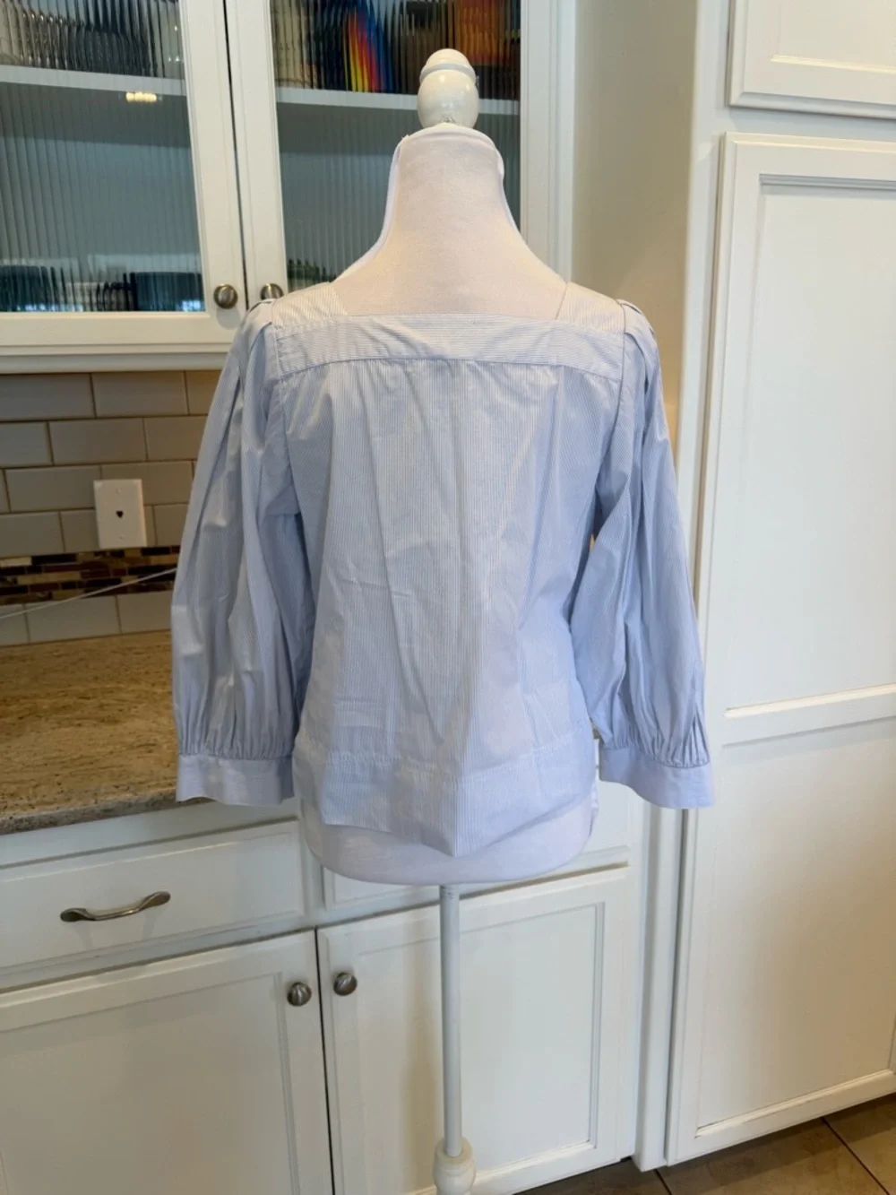 Thomas Mason for J. Crew Light Blue Striped Square-Neck Puff Sleeve Blouse Small